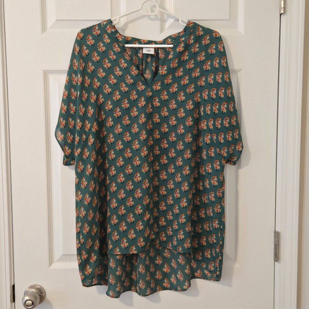 CAbi Stevie Blouse Green Floral Short Sleeve Top Style 3252 Size XL